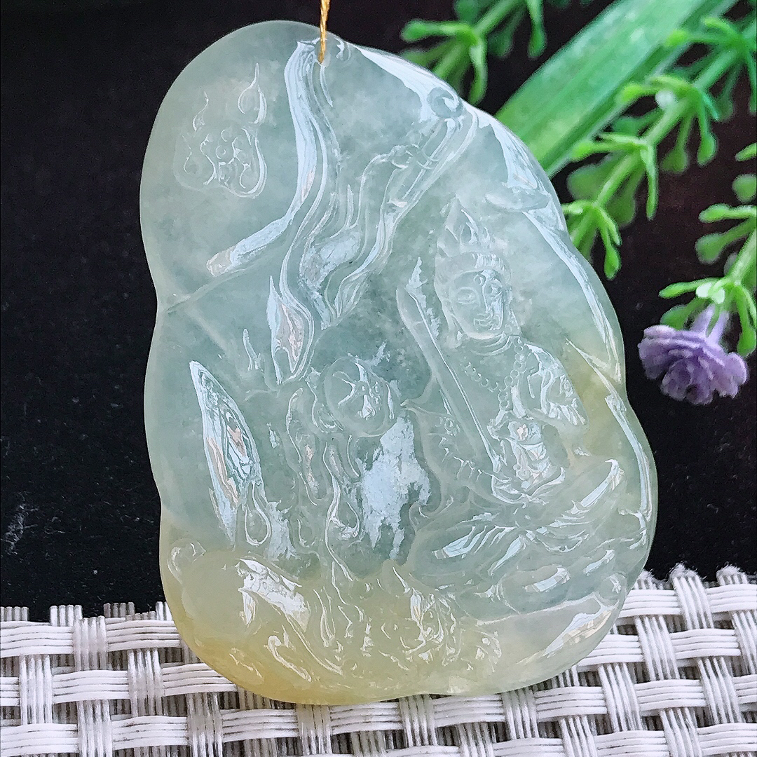 实拍A货翡翠55.8/40/6.3老坑冰透起胶飘黄文殊菩萨吊坠翡翠玉坠挂件