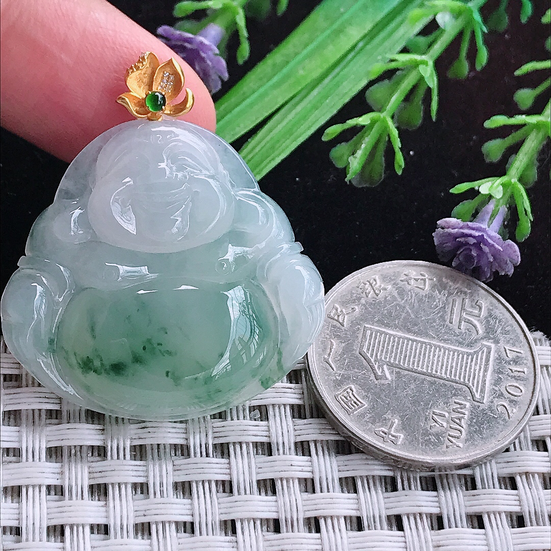 实拍A货翡翠30.3/32.6/6.2老坑18k金镶嵌冰飘花佛公吊坠翡翠玉佛