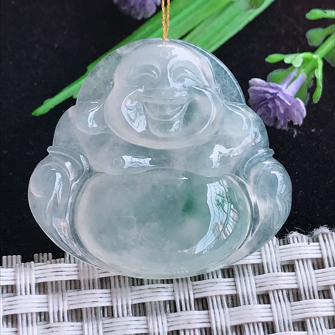 实拍A货翡翠32.3/35/6.7老坑冰种冰飘花佛公吊坠翡翠玉坠挂件