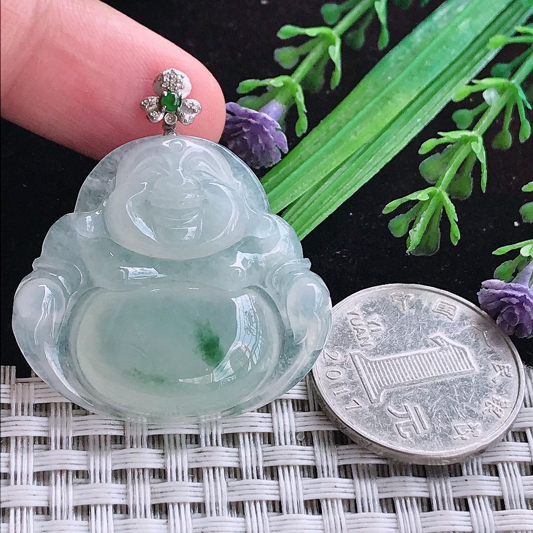 实拍A货翡翠32.6/35.5/6.4老坑18k金镶嵌冰种飘花佛公吊坠翡翠玉坠挂件