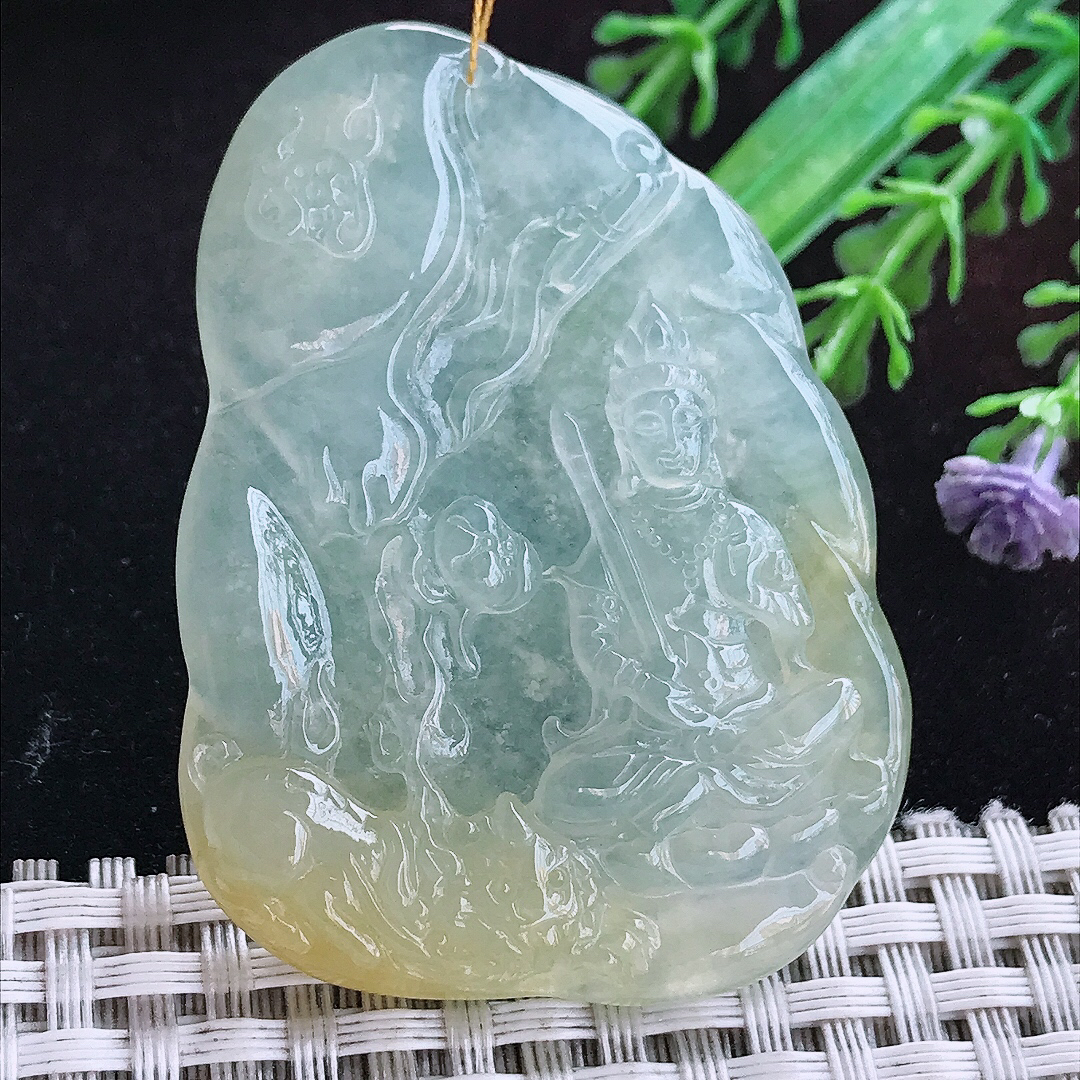实拍A货翡翠55.8/40/6.3老坑冰透起胶飘黄文殊菩萨吊坠翡翠玉坠挂件