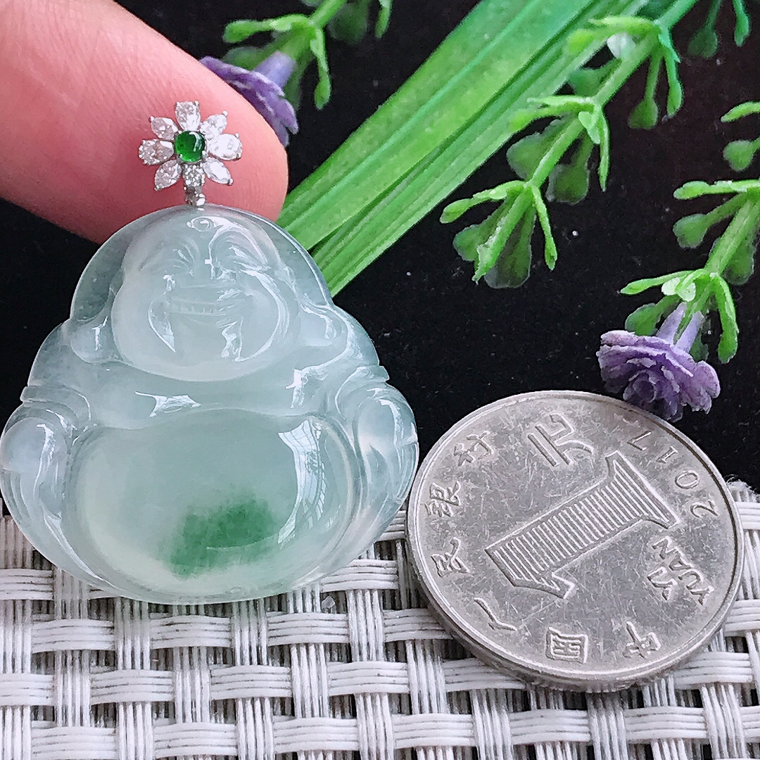 实拍A货翡翠29/30/6老坑18k金镶嵌冰种冰飘花佛公吊坠翡翠玉佛