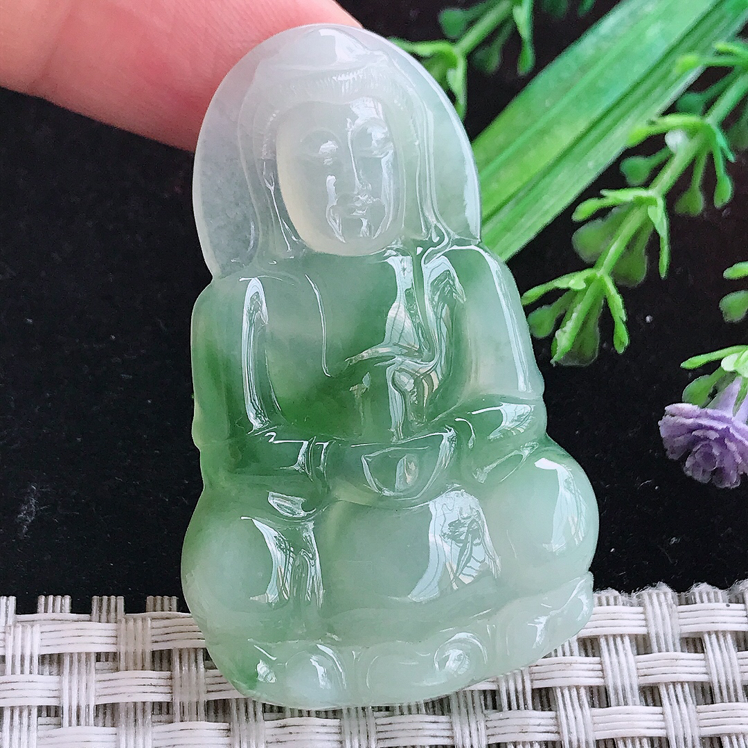 实拍A货翡翠51.7/32.6/5.6老坑冰胶果冻飘绿正装观音吊坠翡翠玉观音