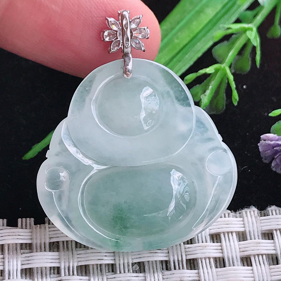实拍A货翡翠29/30/6老坑18k金镶嵌冰种冰飘花佛公吊坠翡翠玉佛