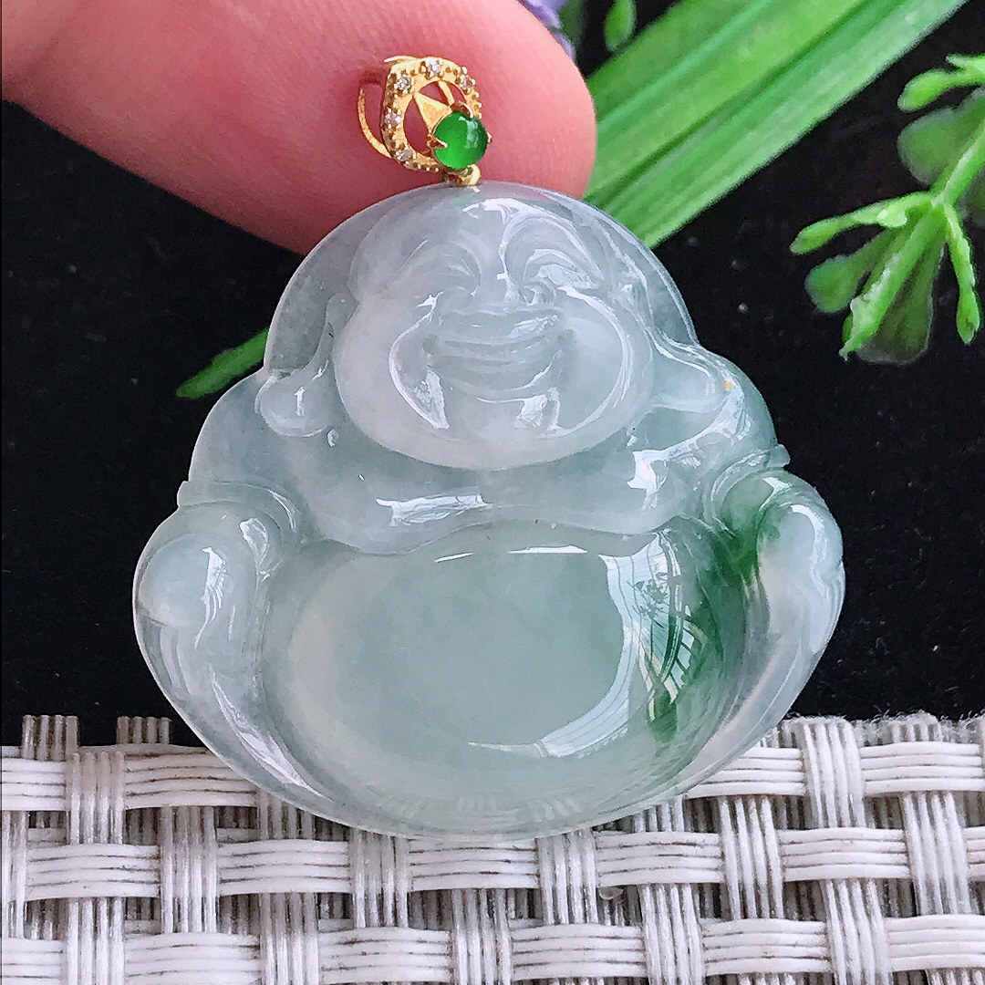 实拍A货翡翠29.2/31.8/6老坑18k金镶嵌冰飘花佛公吊坠翡翠玉坠挂件