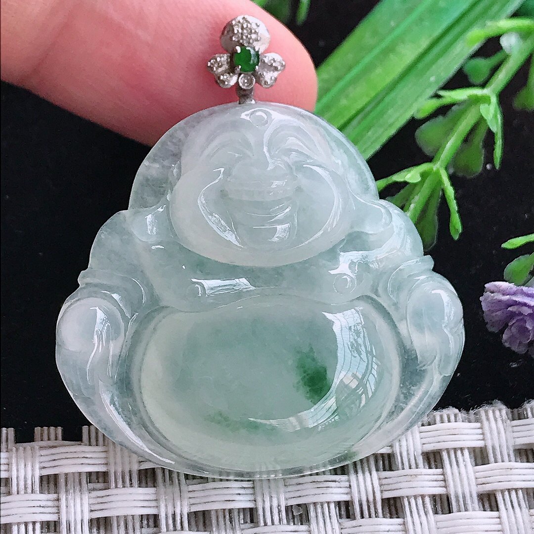 实拍A货翡翠32.6/35.5/6.4老坑18k金镶嵌冰种飘花佛公吊坠翡翠玉坠挂件