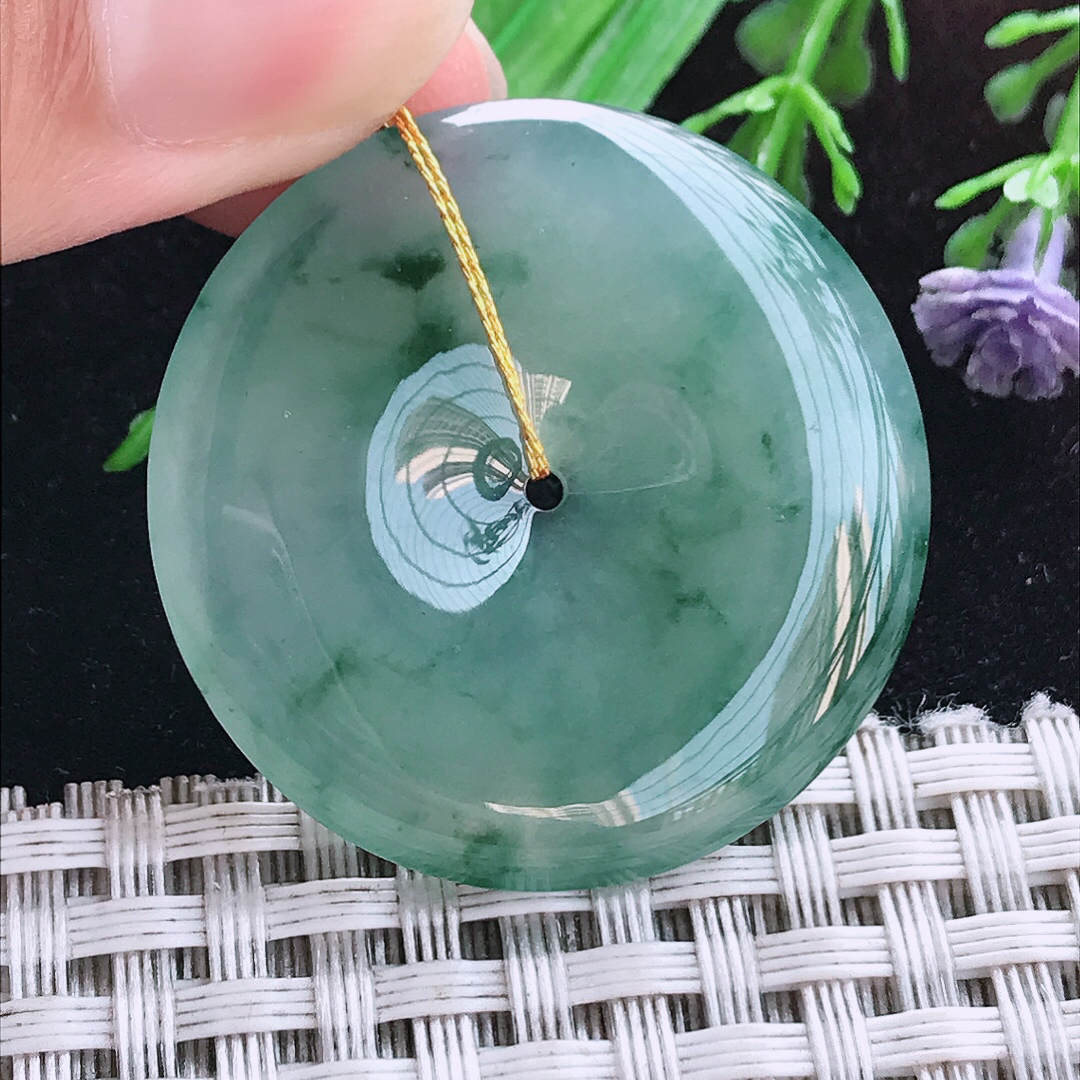 实拍A货翡翠34.5/5老坑冰胶冰飘花平安扣吊坠翡翠玉坠挂件