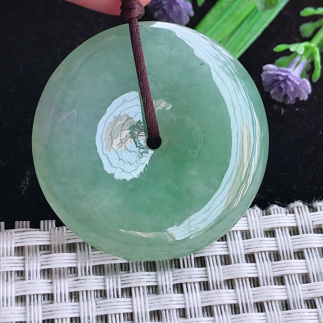 实拍A货翡翠38.5/5.9老坑冰润起胶满色大平安扣吊坠翡翠玉坠挂件