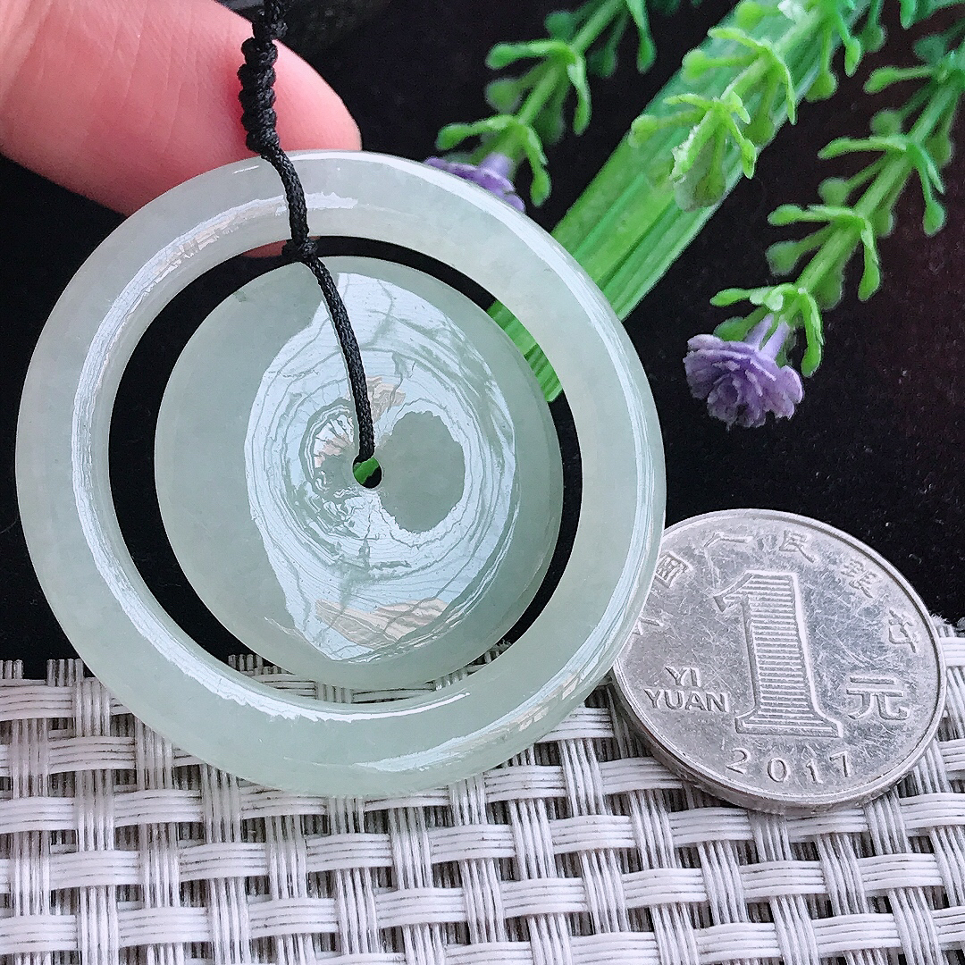 实拍A货翡翠45.5/5.1老坑冰润晴底母子扣平安扣吊坠翡翠玉扣