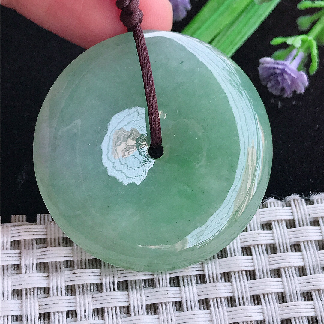 实拍A货翡翠38.5/5.9老坑冰润起胶满色大平安扣吊坠翡翠玉坠挂件