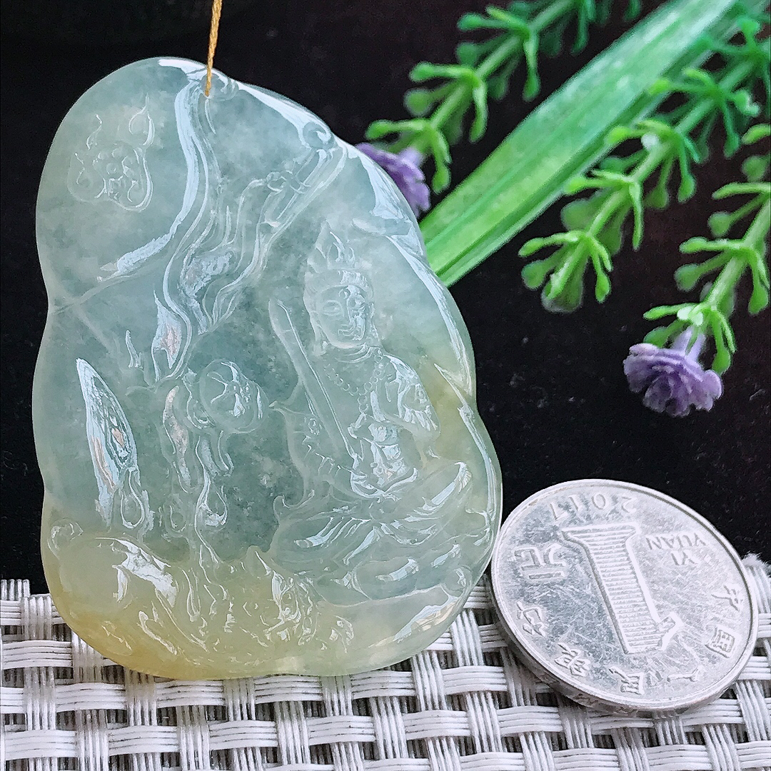 实拍A货翡翠55.8/40/6.3老坑冰透起胶飘黄文殊菩萨吊坠翡翠玉坠挂件