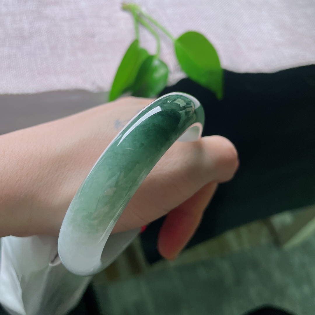 58.5/14.1/8.8，油青正圈，一点皮纹，半山半水翡翠平安镯，玉载山水色，圆镯绕腕，腕间揽一轴青绿山水。ss59005a
