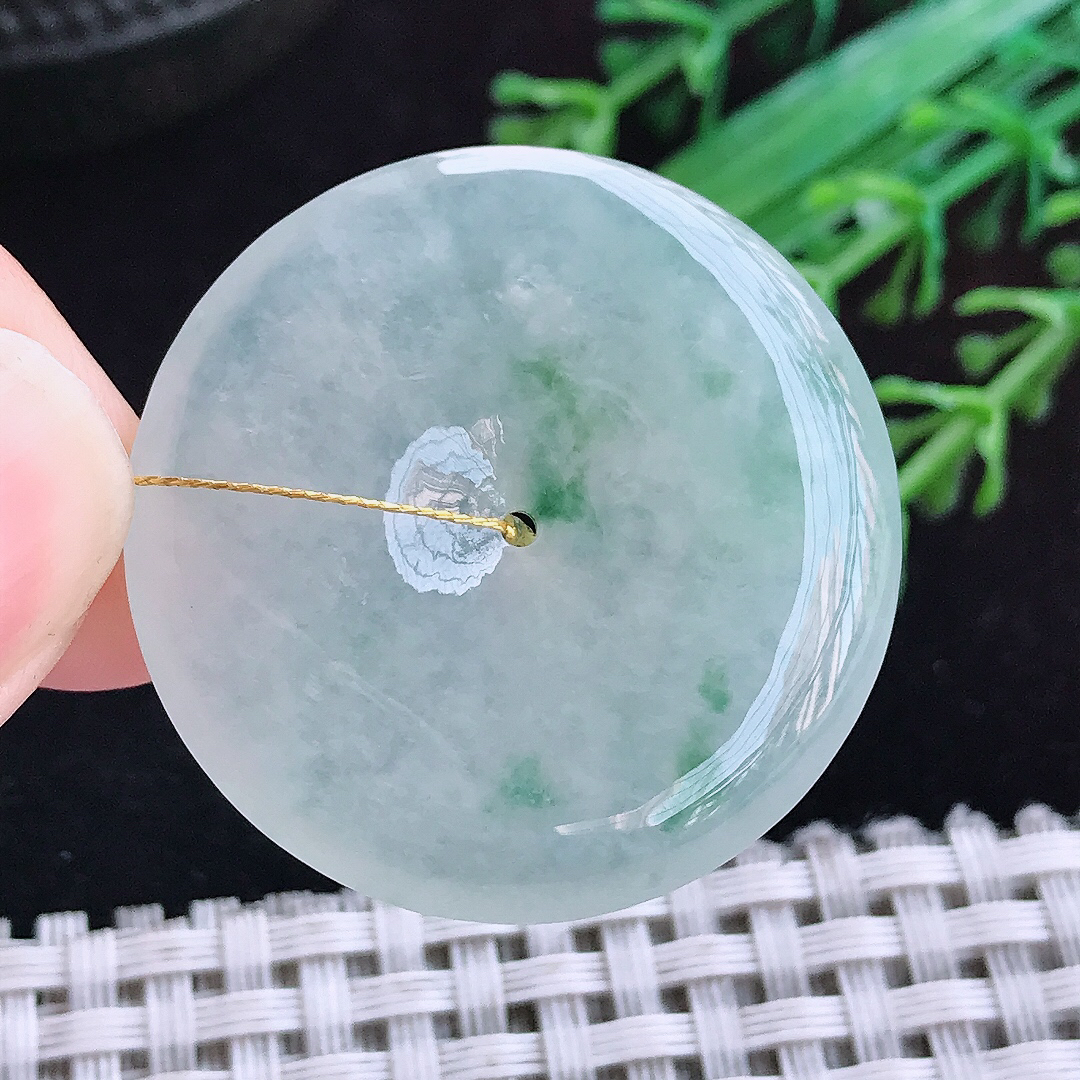 实拍A货翡翠33.8/5.9老坑冰透起胶冰飘花平安扣吊坠翡翠玉坠挂件