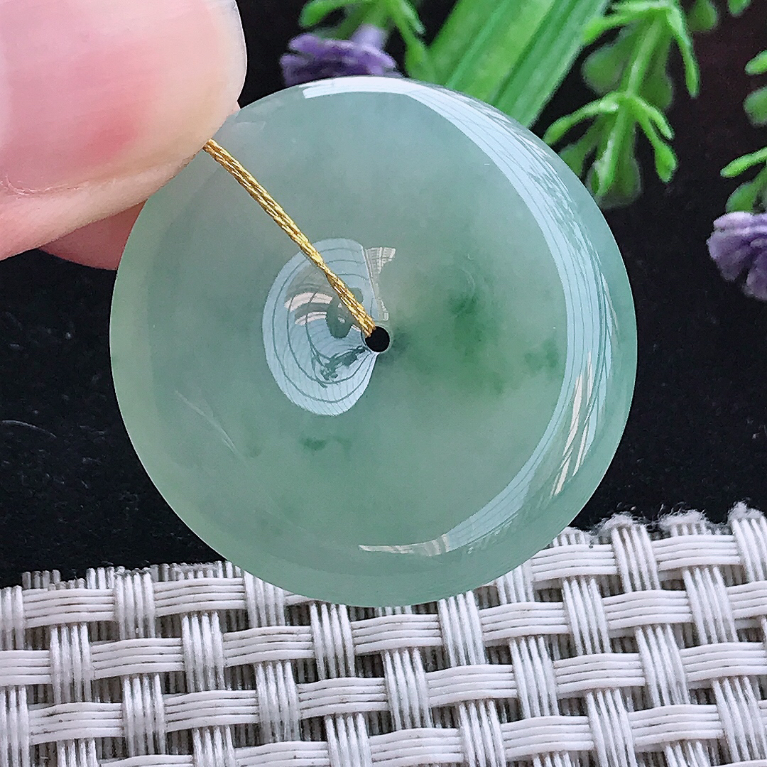 实拍A货翡翠32.5/5.5老坑冰胶晴绿飘花平安扣吊坠翡翠玉扣挂件