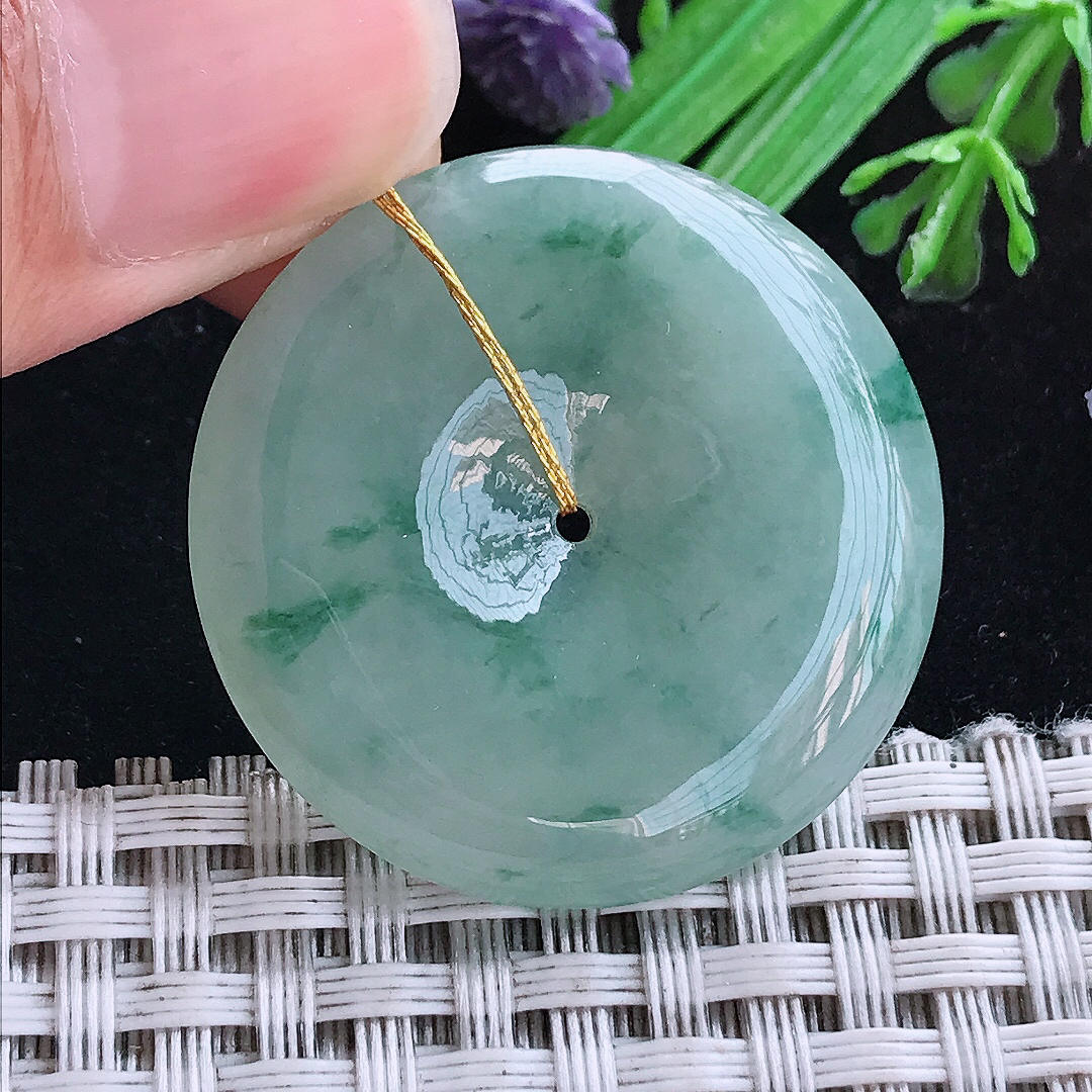 实拍A货翡翠33.2/5.7老坑冰润起胶飘花平安扣吊坠翡翠玉扣挂件