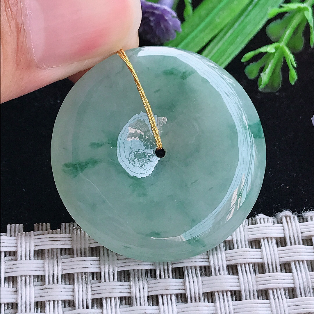 实拍A货翡翠33.2/5.7老坑冰润起胶飘花平安扣吊坠翡翠玉扣挂件