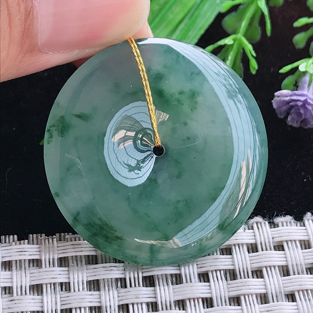 实拍A货翡翠34.5/5老坑冰胶冰飘花平安扣吊坠翡翠玉坠挂件