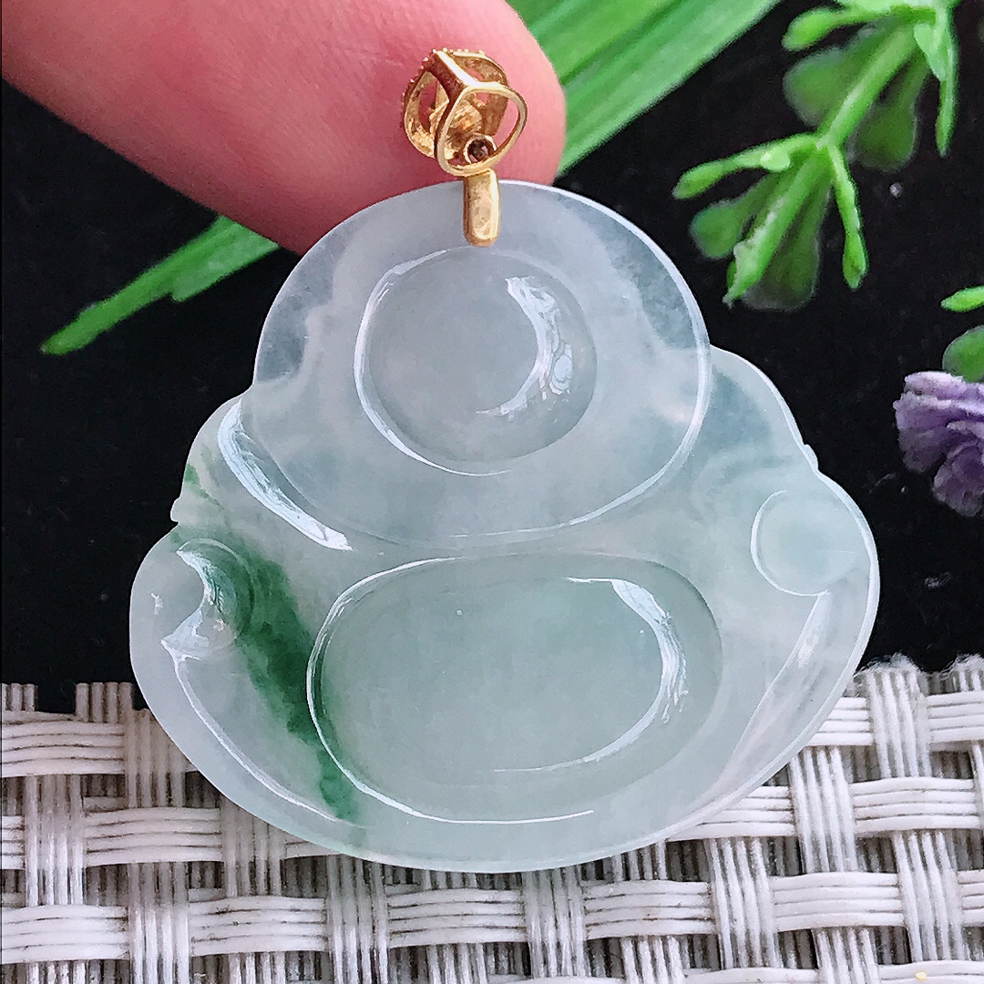 实拍A货翡翠29.2/31.8/6老坑18k金镶嵌冰飘花佛公吊坠翡翠玉坠挂件