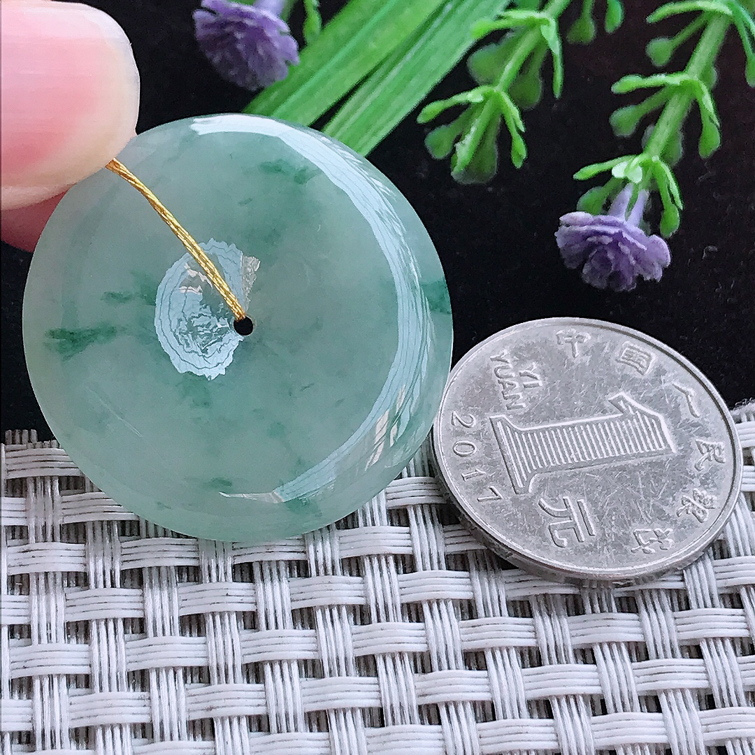 实拍A货翡翠33.2/5.7老坑冰润起胶飘花平安扣吊坠翡翠玉扣挂件