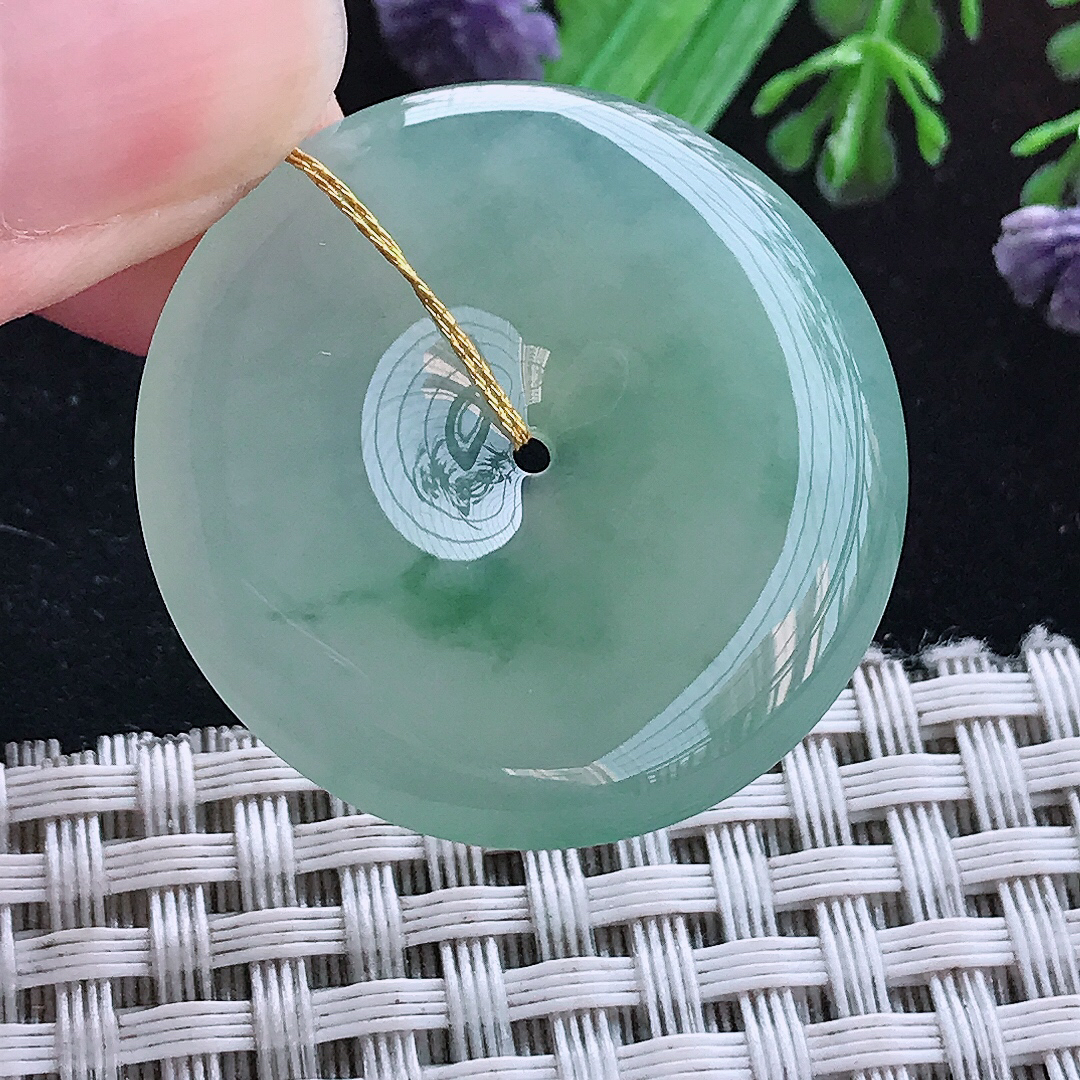 实拍A货翡翠32.5/5.5老坑冰胶晴绿飘花平安扣吊坠翡翠玉扣挂件