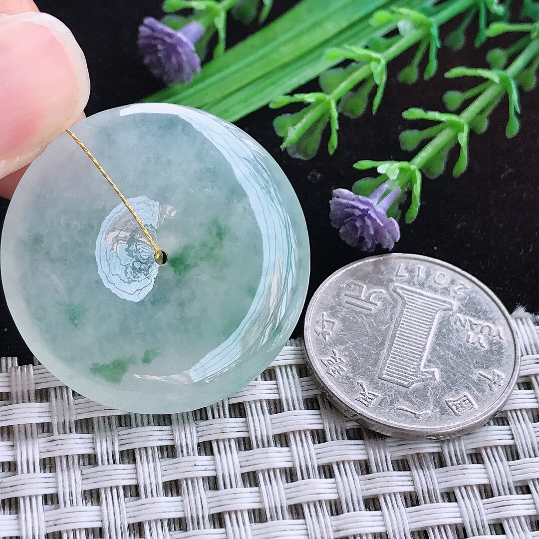 实拍A货翡翠33.8/5.9老坑冰透起胶冰飘花平安扣吊坠翡翠玉坠挂件