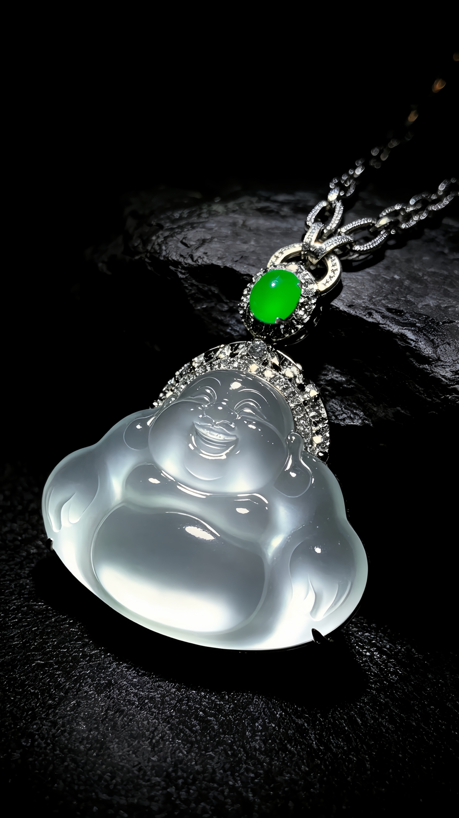 笑口常开·弥勒佛，
裸石 42.5-29.5-6.5mm，
整体42.5-45.5-14.5mm，33.78g，
18K金，南非钻，翡翠绿蛋面，
不配链
