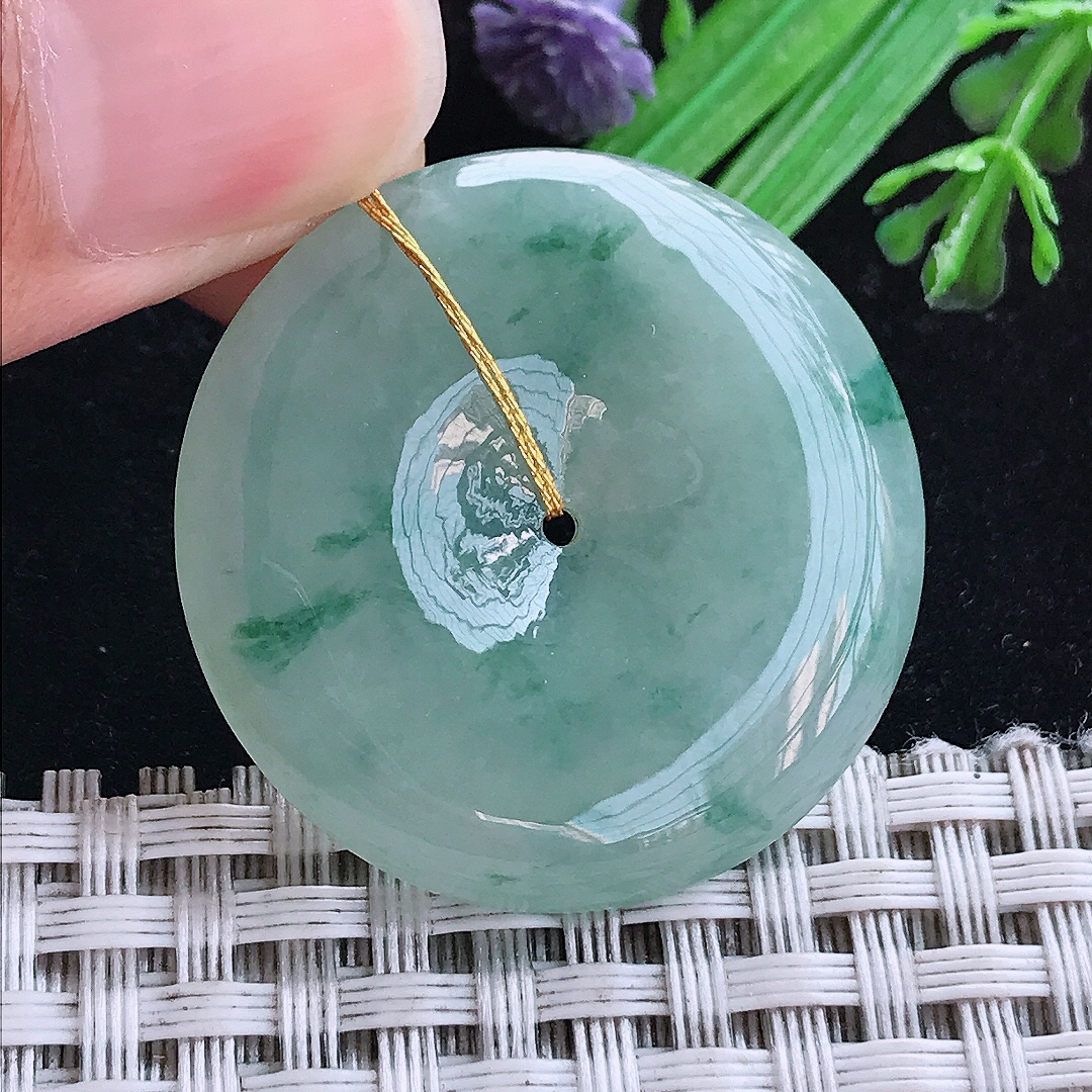 实拍A货翡翠33.2/5.7老坑冰润起胶飘花平安扣吊坠翡翠玉扣挂件