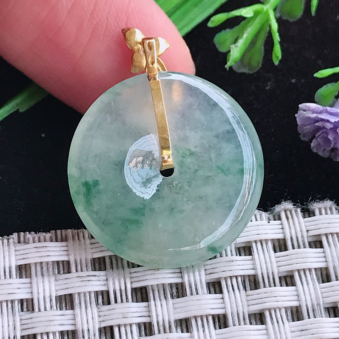 实拍A货翡翠22/4.2老坑18k金镶嵌冰种飘花小平安扣吊坠翡翠玉扣