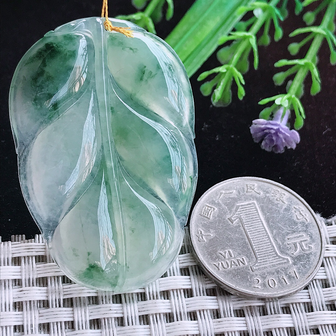 实拍A货翡翠47/31.8/4.9老坑冰胶果冻冰飘花大叶子吊坠翡翠玉坠