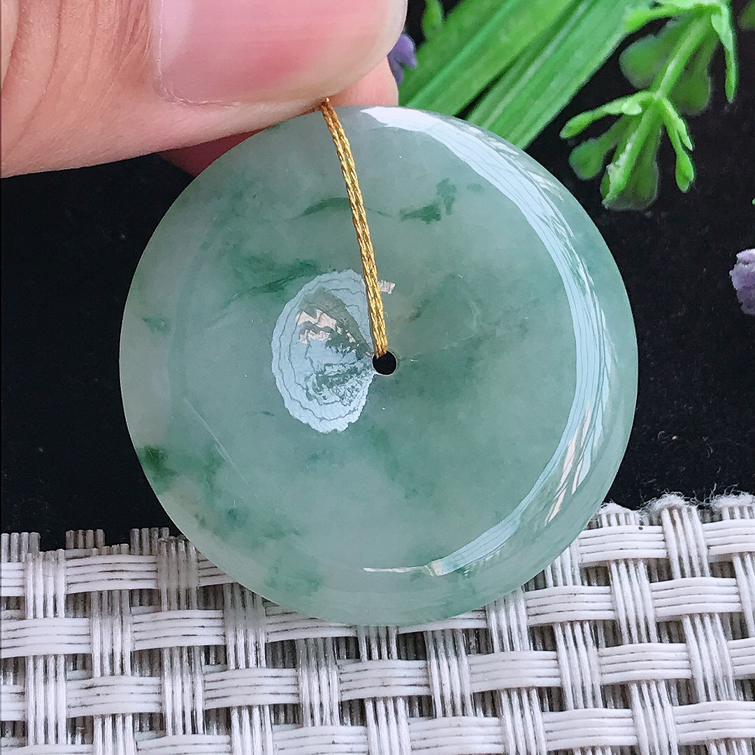 实拍A货翡翠33.2/5.7老坑冰润起胶飘花平安扣吊坠翡翠玉扣挂件