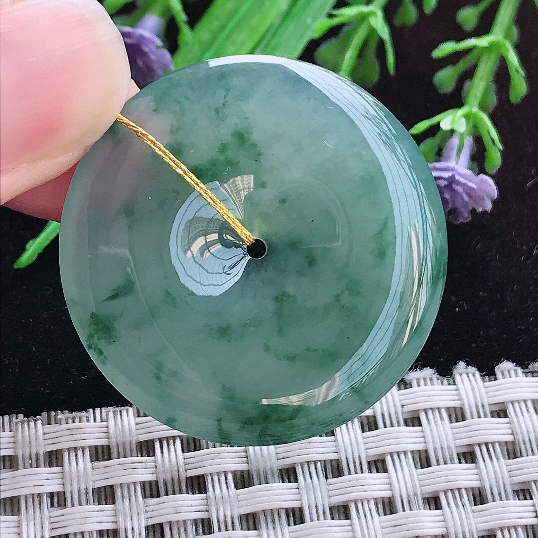 实拍A货翡翠34.5/5老坑冰胶冰飘花平安扣吊坠翡翠玉坠挂件