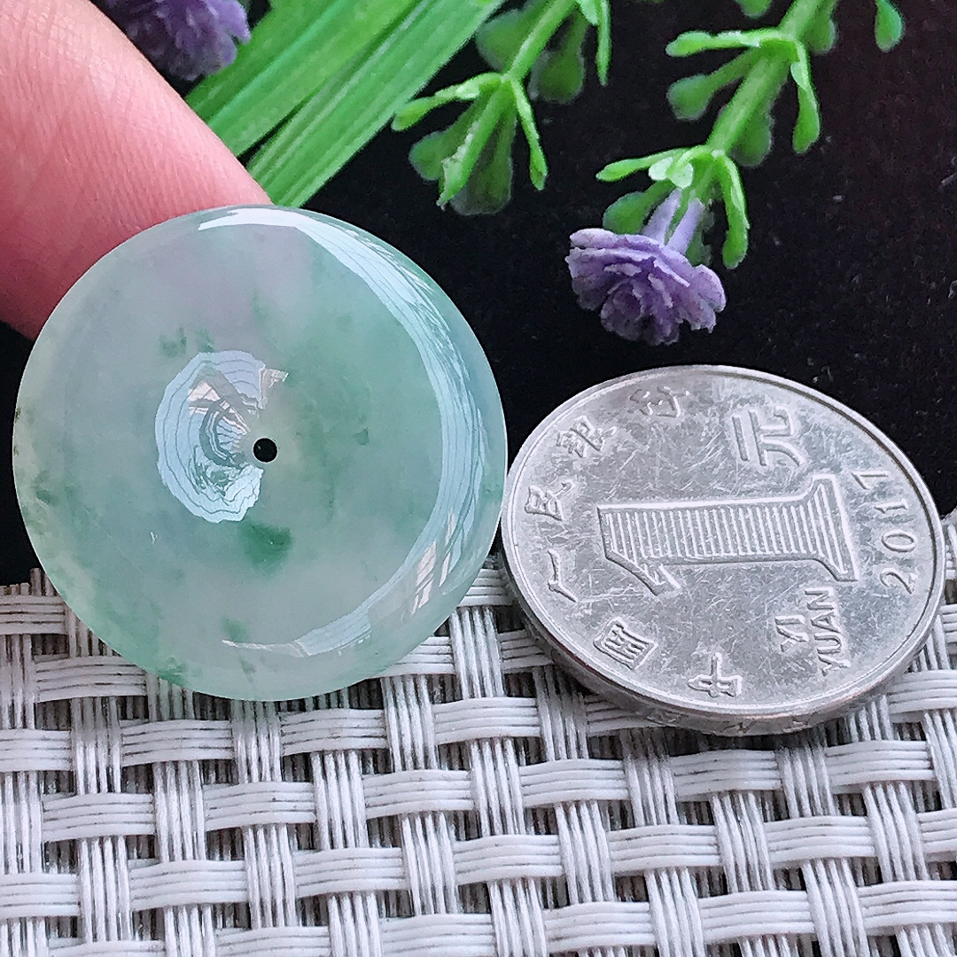 实拍A货翡翠26.6/4.9老坑冰胶果冻冰飘花平安扣吊坠翡翠玉扣挂件
