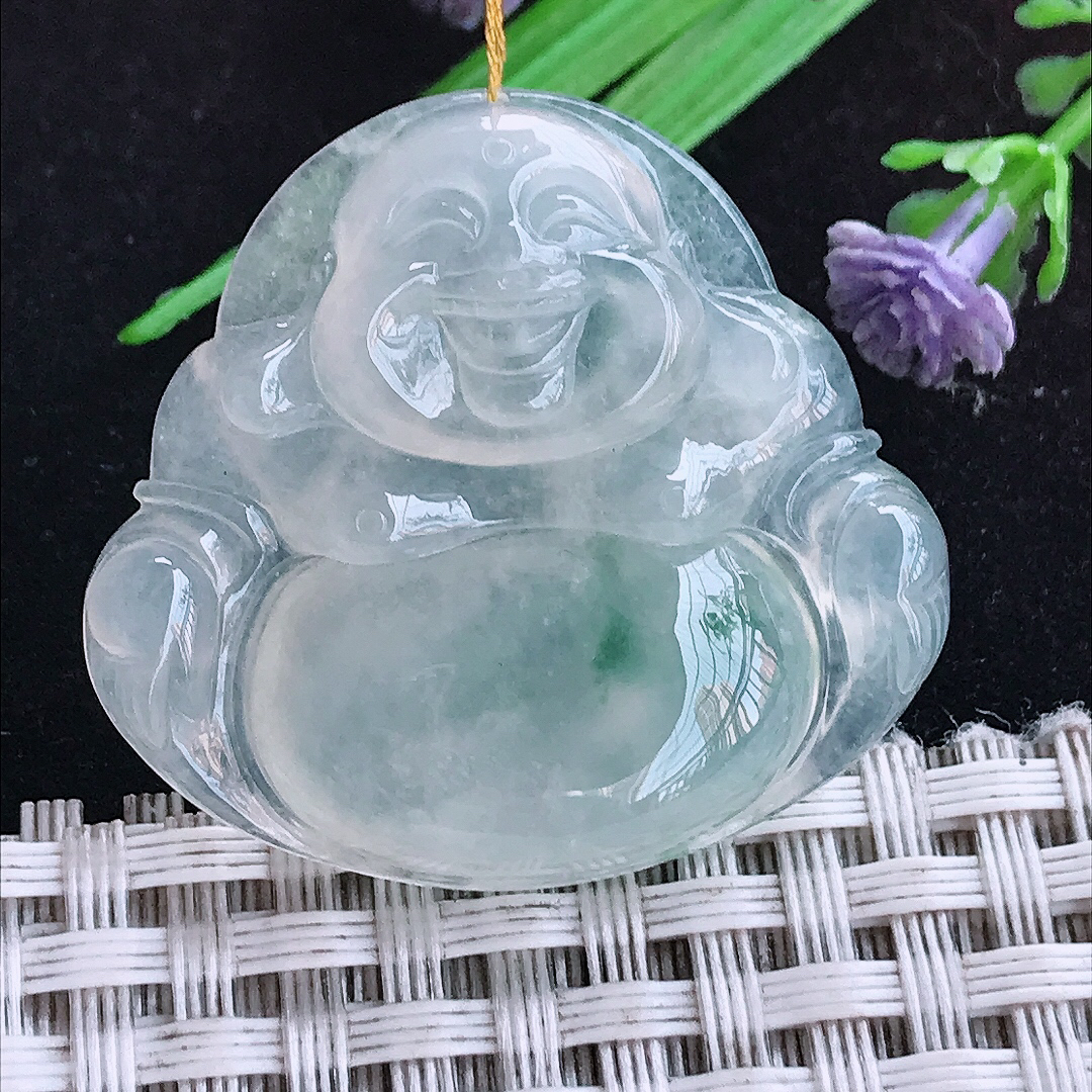 实拍A货翡翠32.3/35/6.7老坑冰种冰飘花佛公吊坠翡翠玉坠挂件