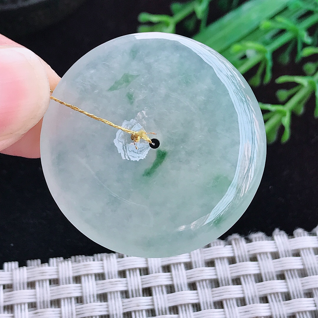 实拍A货翡翠33.8/5.9老坑冰透起胶冰飘花平安扣吊坠翡翠玉坠挂件