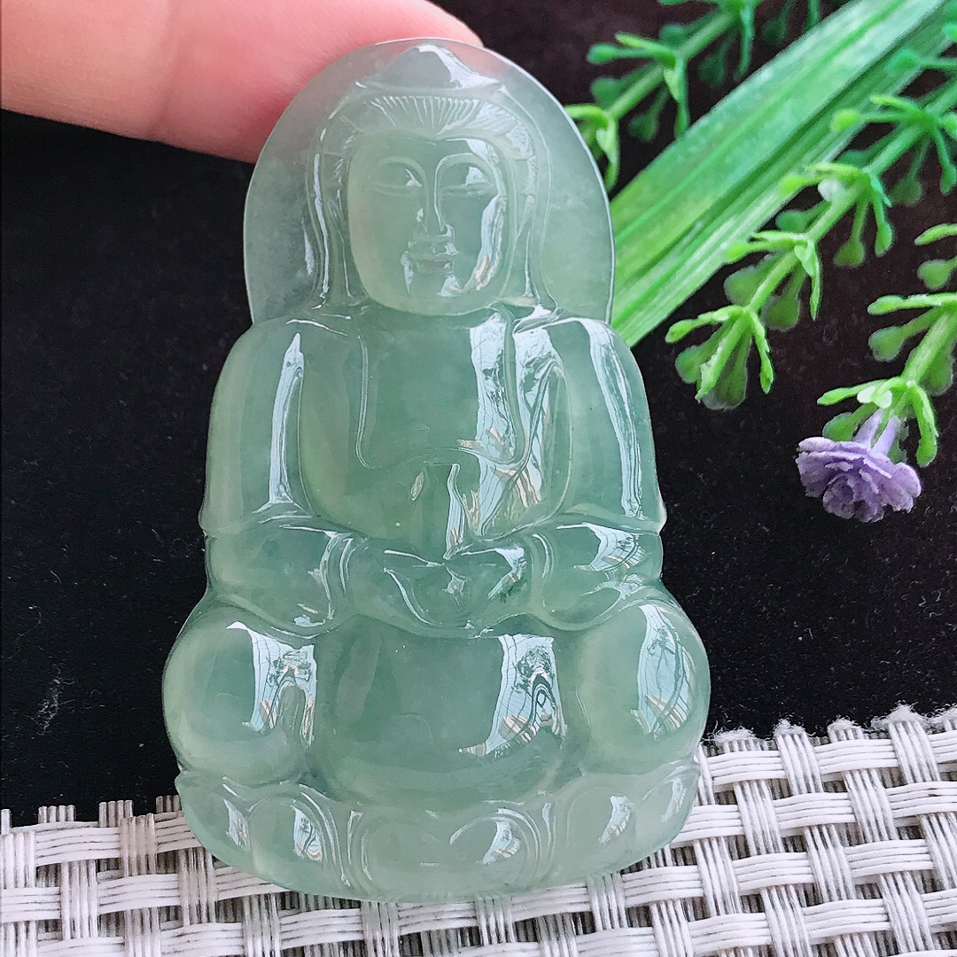 实拍A货翡翠63/39.8/6.9老坑冰胶果冻冰晴绿正装观音吊坠翡翠玉坠挂件