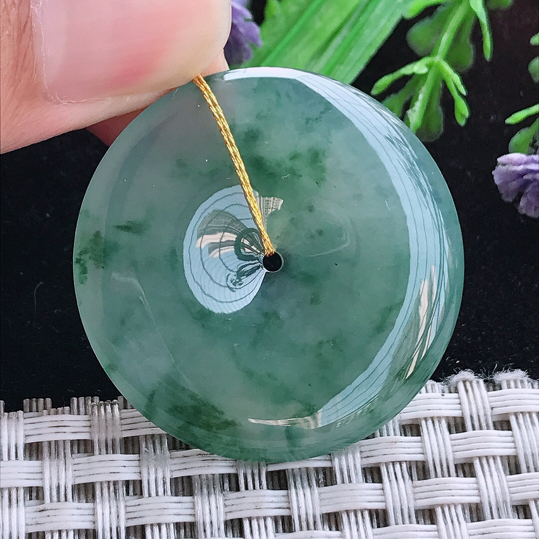 实拍A货翡翠34.5/5老坑冰胶冰飘花平安扣吊坠翡翠玉坠挂件
