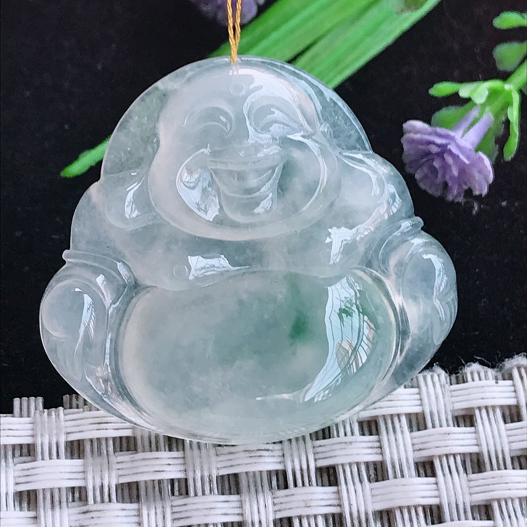 实拍A货翡翠32.3/35/6.7老坑冰种冰飘花佛公吊坠翡翠玉坠挂件