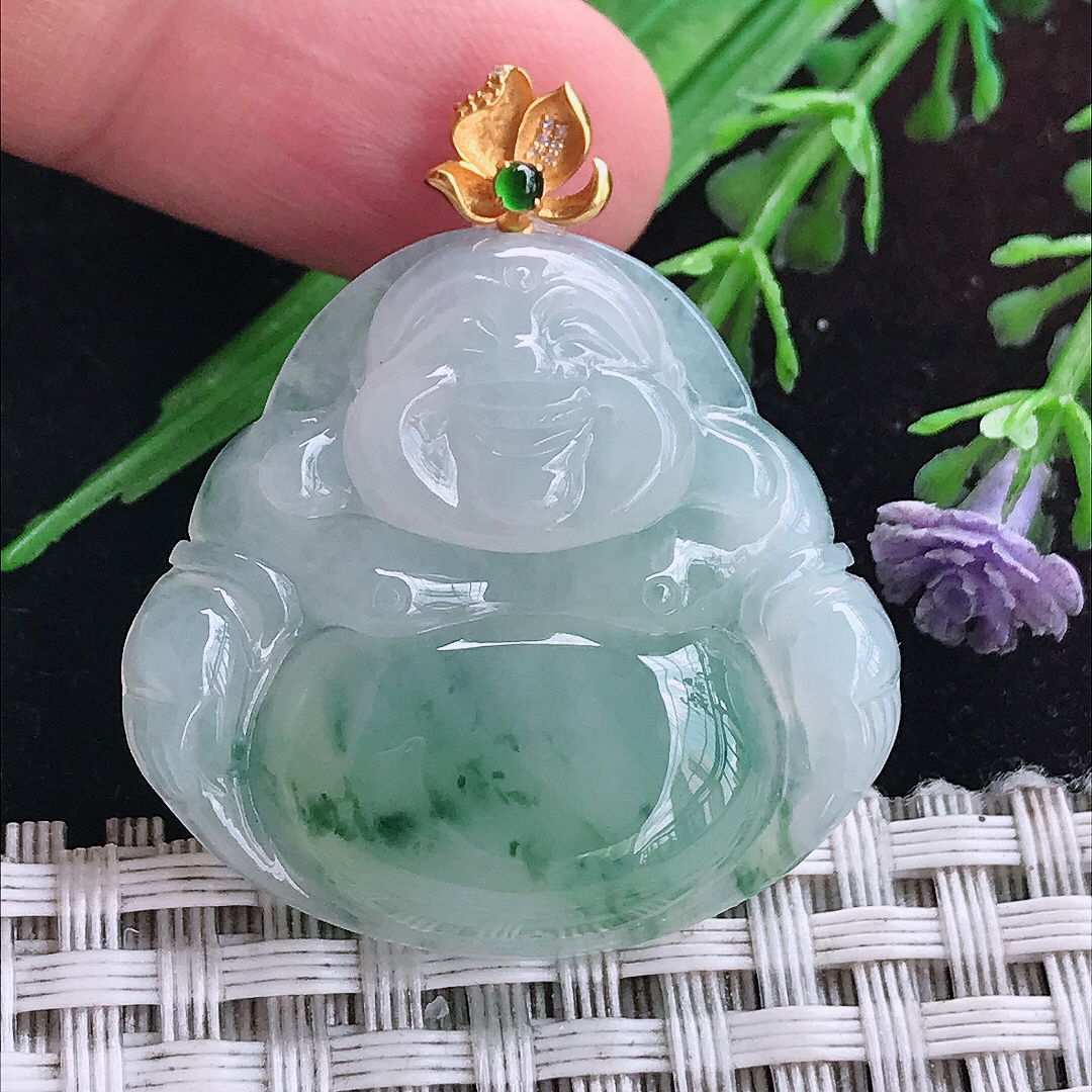 实拍A货翡翠30.3/32.6/6.2老坑18k金镶嵌冰飘花佛公吊坠翡翠玉佛