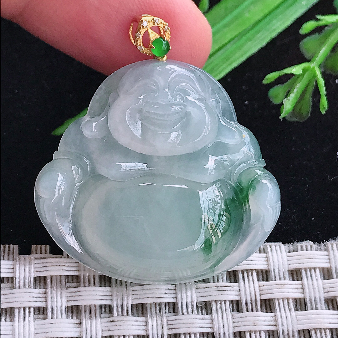 实拍A货翡翠29.2/31.8/6老坑18k金镶嵌冰飘花佛公吊坠翡翠玉坠挂件