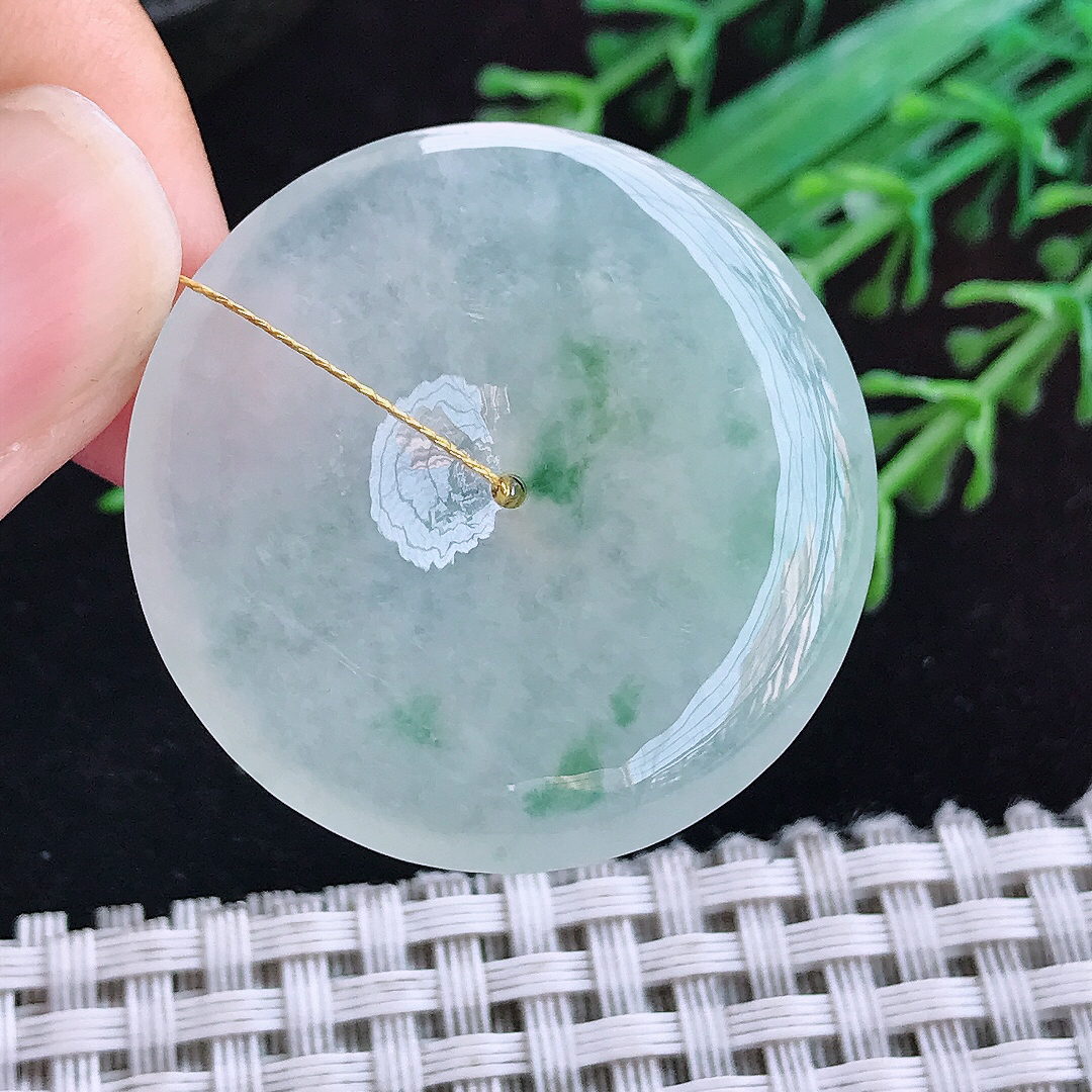 实拍A货翡翠33.8/5.9老坑冰透起胶冰飘花平安扣吊坠翡翠玉坠挂件