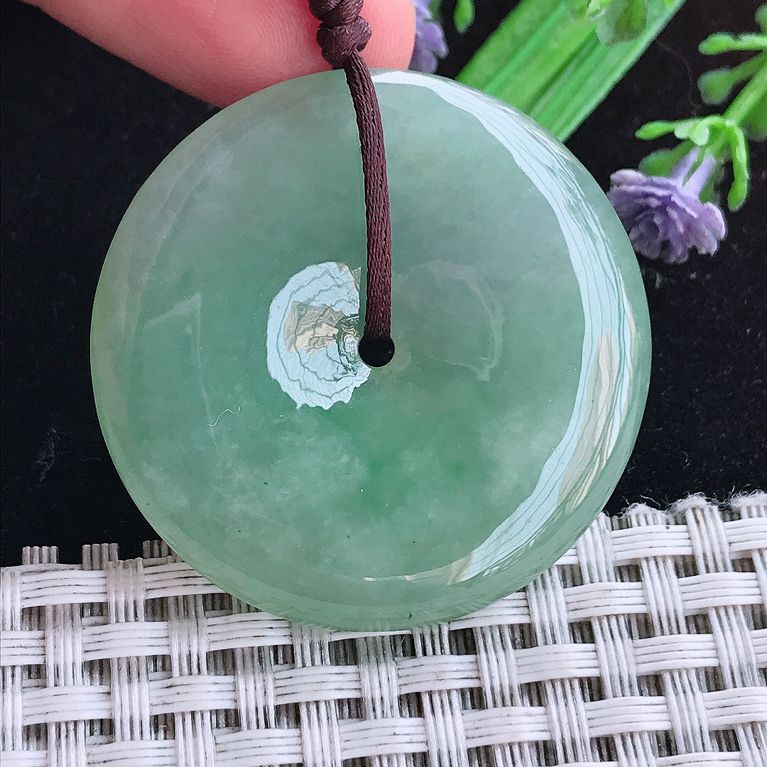 实拍A货翡翠38.5/5.9老坑冰润起胶满色大平安扣吊坠翡翠玉坠挂件