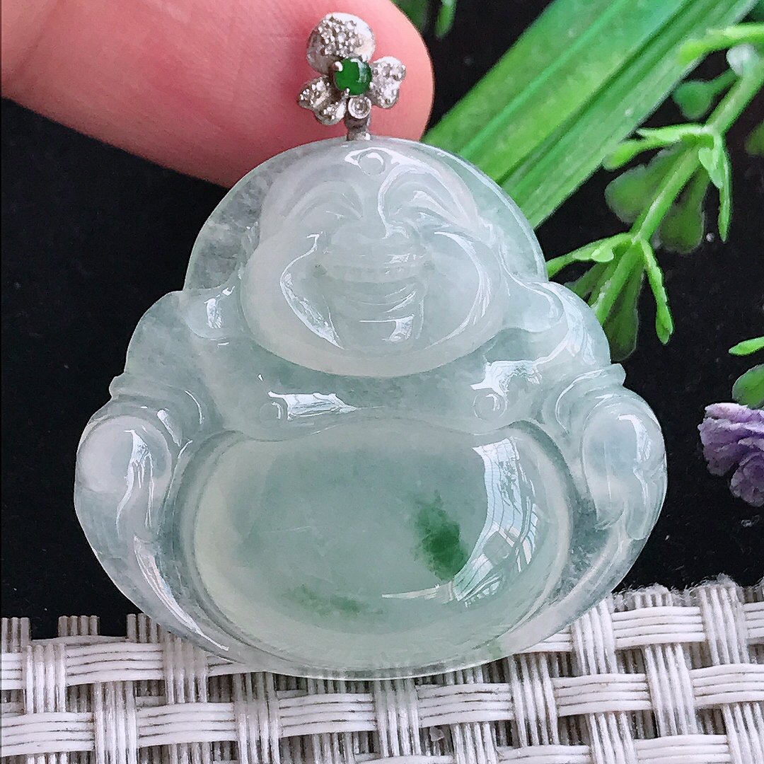 实拍A货翡翠32.6/35.5/6.4老坑18k金镶嵌冰种飘花佛公吊坠翡翠玉坠挂件