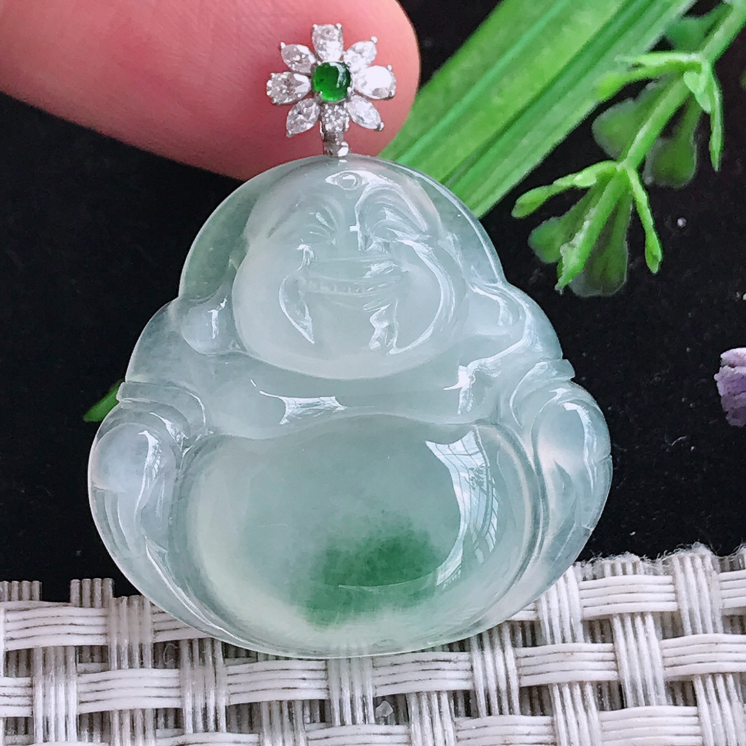 实拍A货翡翠29/30/6老坑18k金镶嵌冰种冰飘花佛公吊坠翡翠玉佛