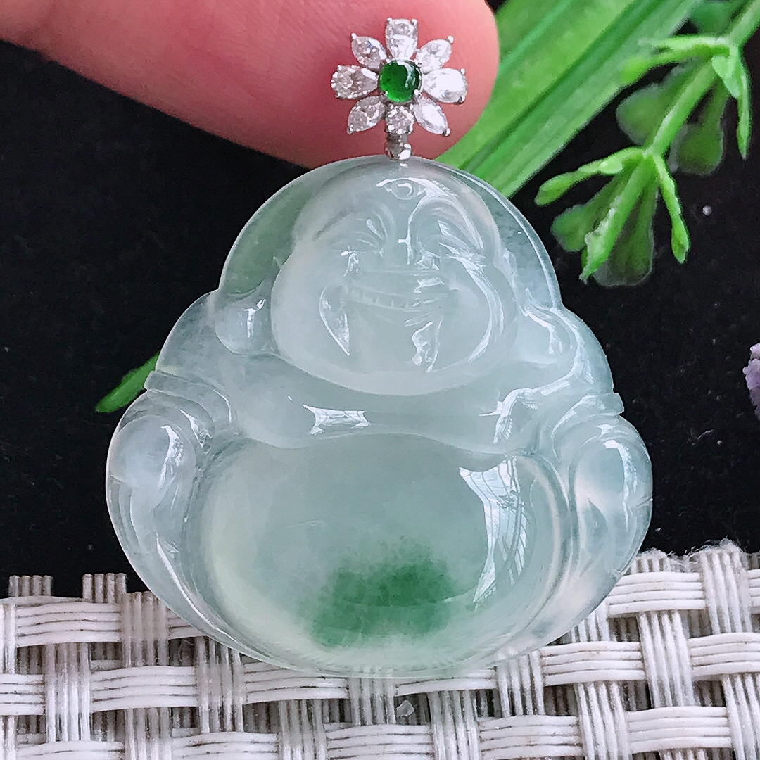 实拍A货翡翠29/30/6老坑18k金镶嵌冰种冰飘花佛公吊坠翡翠玉佛