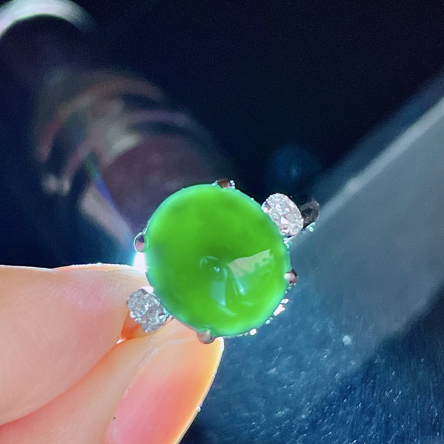 ️ 精品墨翠蛋面戒指 老坑油润 打灯全绿 18k金镶嵌 裸石 11.4/10 圈口 13