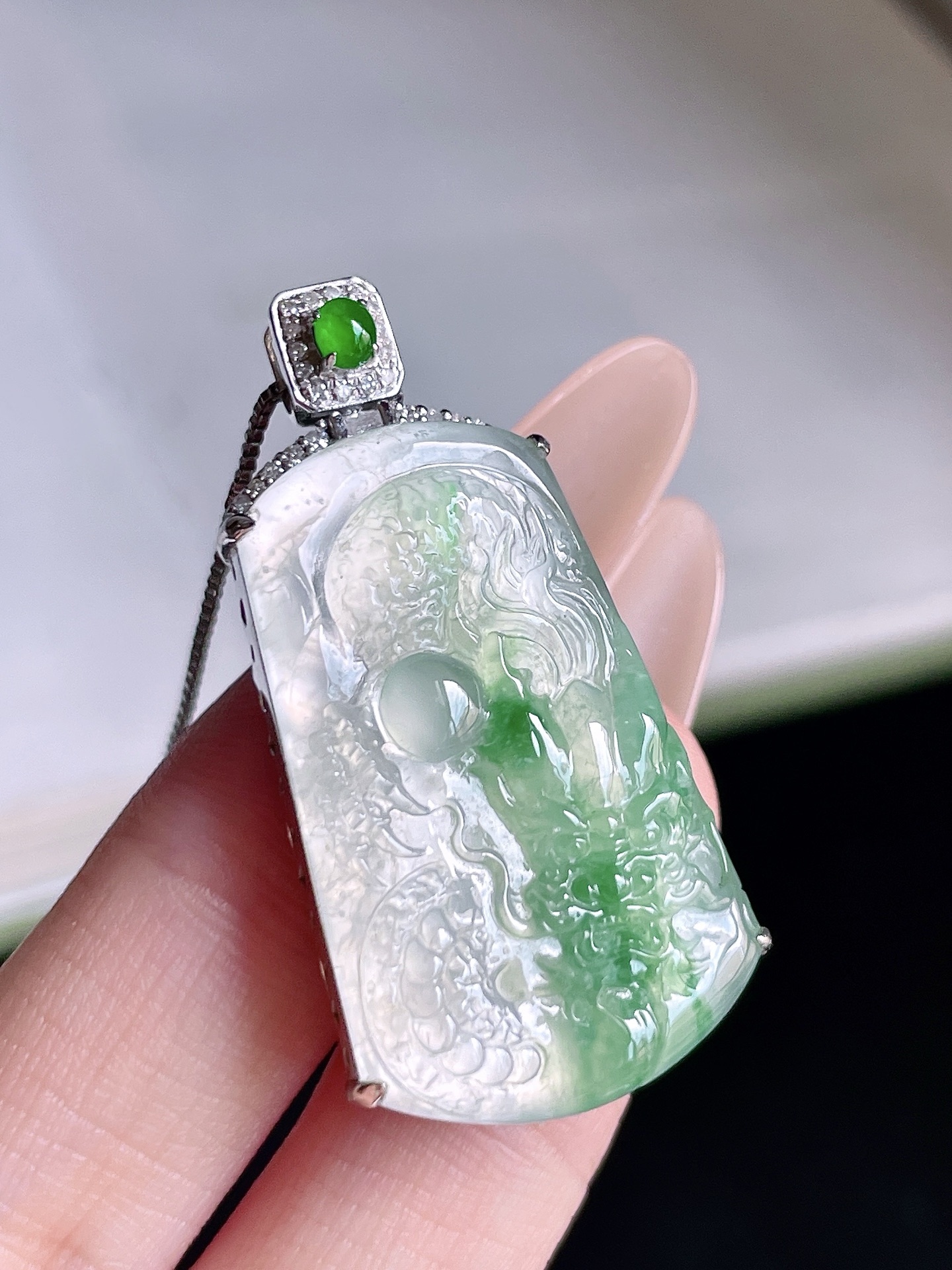 ️ 冰种飘花龙/凤 缅甸 无裂 飘花灵动 18k金镶嵌 整体 40.5 裸石 32.6/21.3