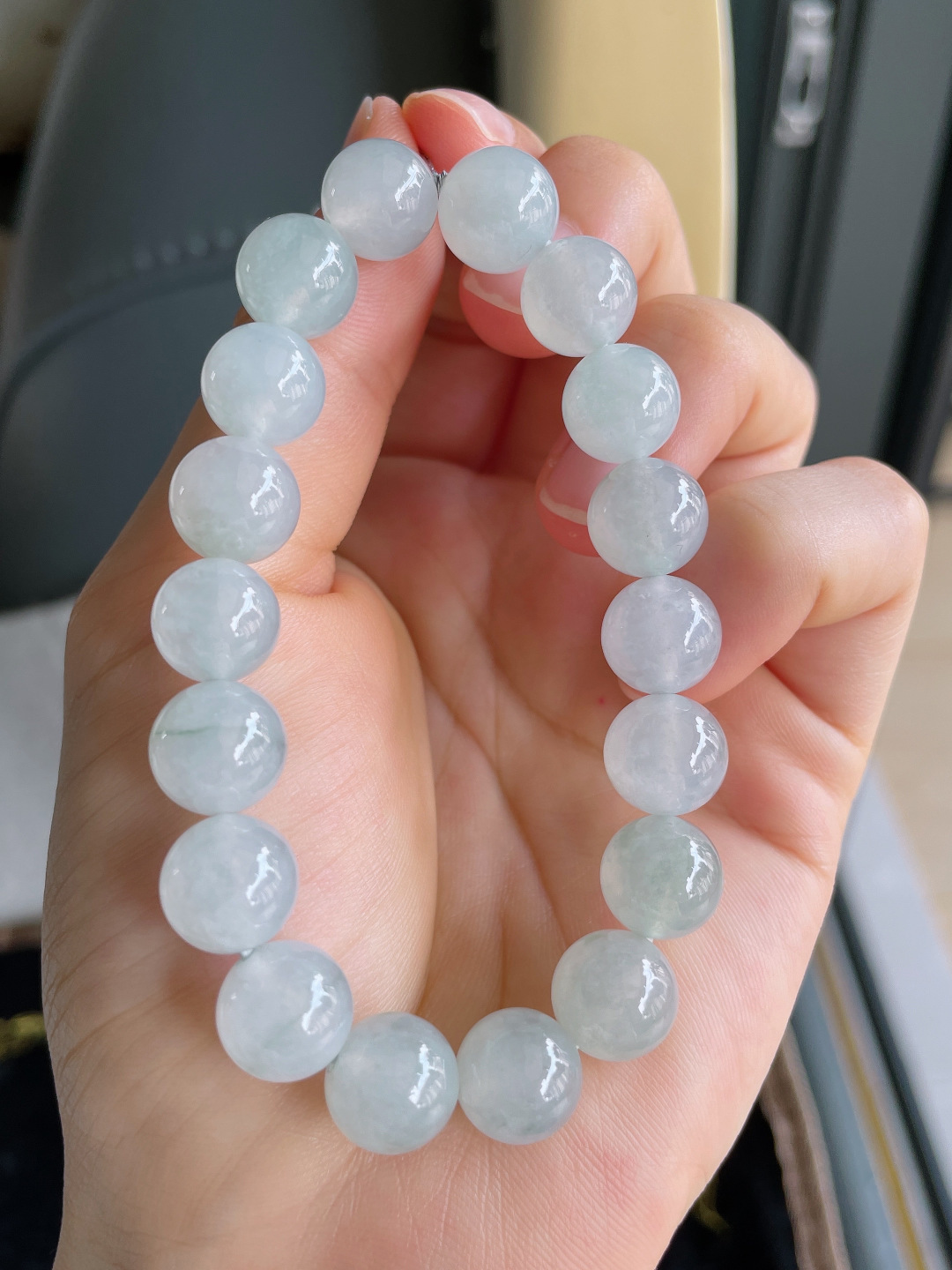 缅甸天然翡翠A货，冰飘花手链，尺寸：10.5mm。【编1530】