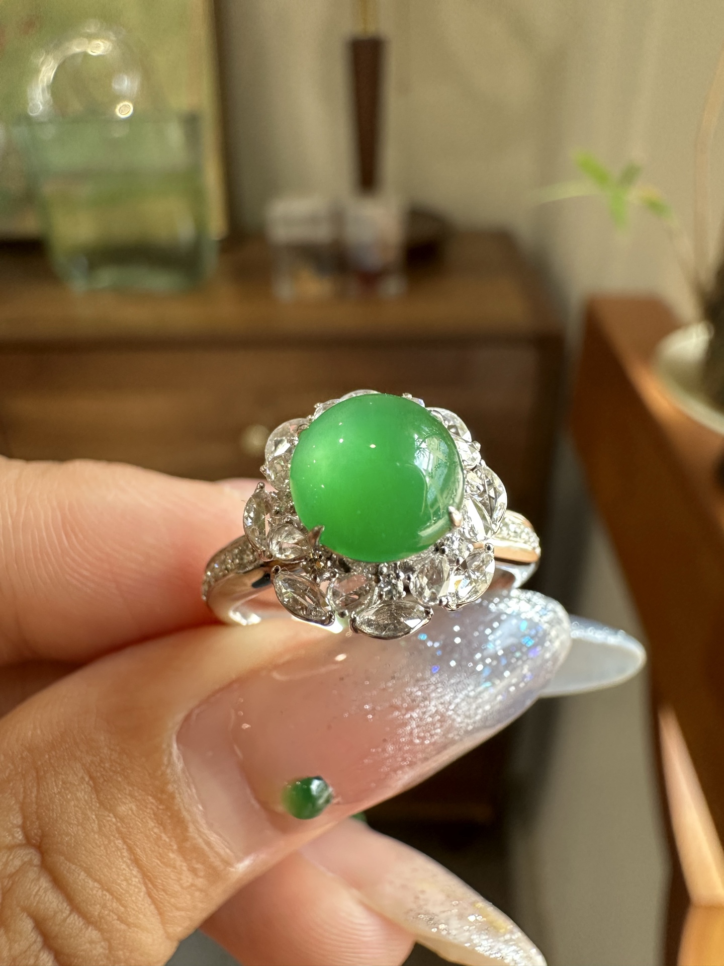 ️ 冰种阳绿蛋面戒指，7.4-7.1-2.8