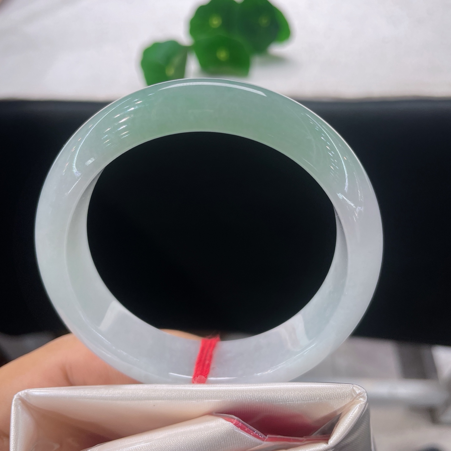 天然翡翠手镯 圈口57.8/15.3/8.5，淡春彩正圈，57/59可戴，半玉凝霜白，半镯浸春山。微