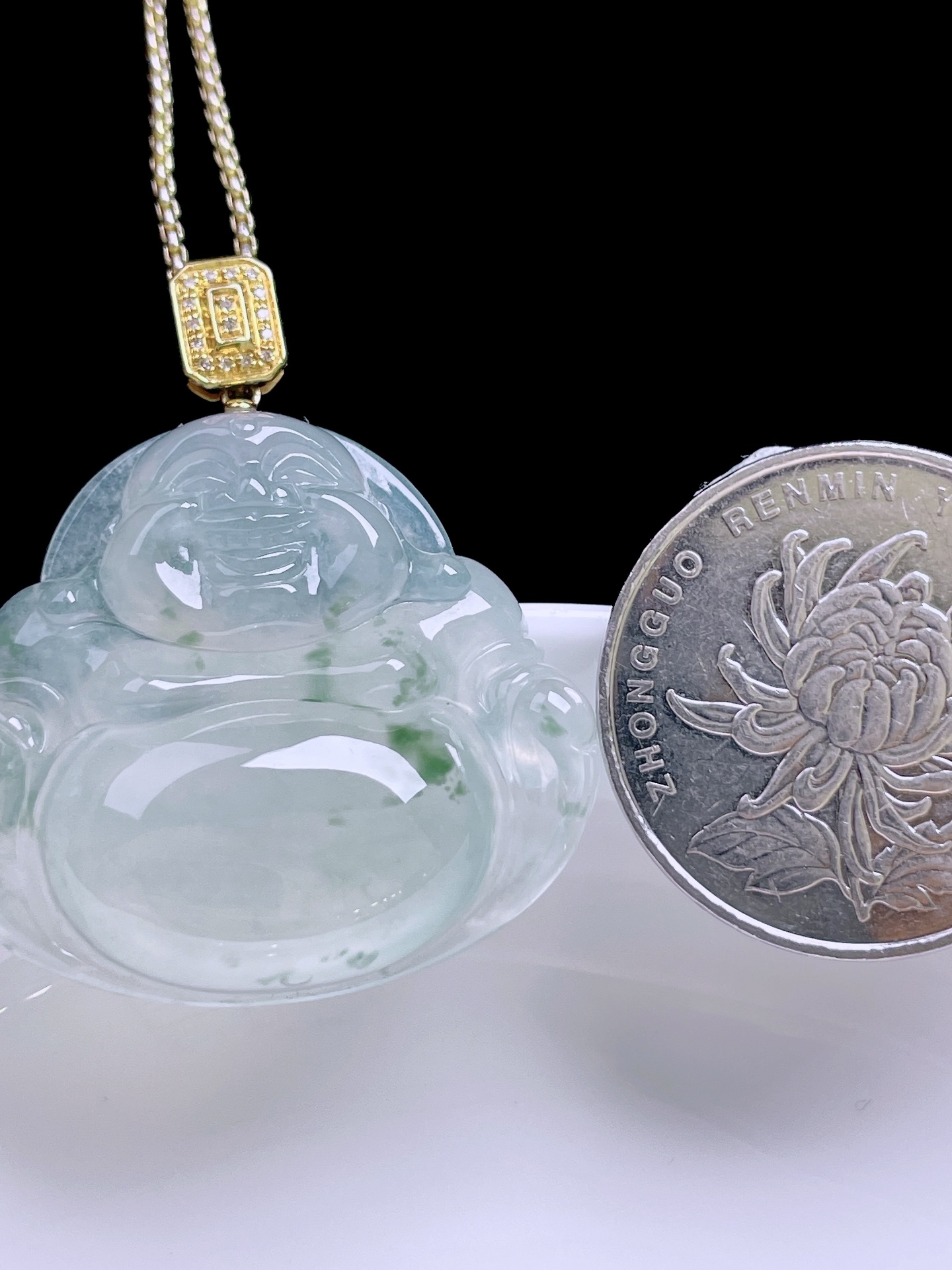 ️ 冰种飘花佛公，飘花灵动，种老起光，18k金镶嵌：36.8，裸石：32.2/28.5/6.6